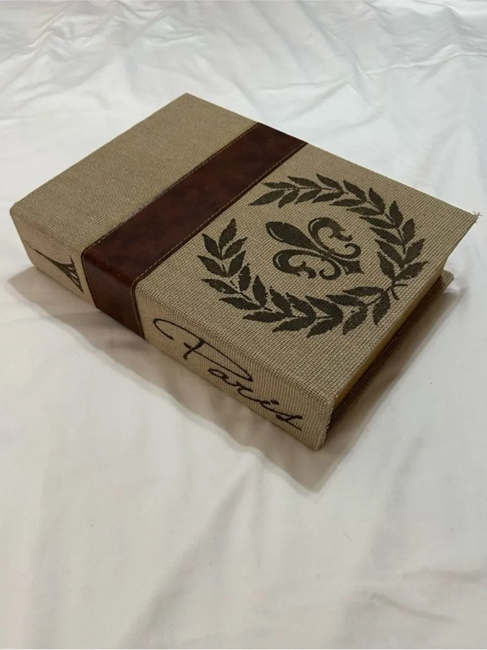 PARIS FAUX BOOK STORAGE BOX LINEN FLEUR DE LIS HIDDEN COMPARTMENT TABLE DECOR